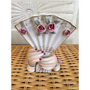 Vintage 50's Lefton Porcelain Hands Holding Fan Vase Roses Cottage Core